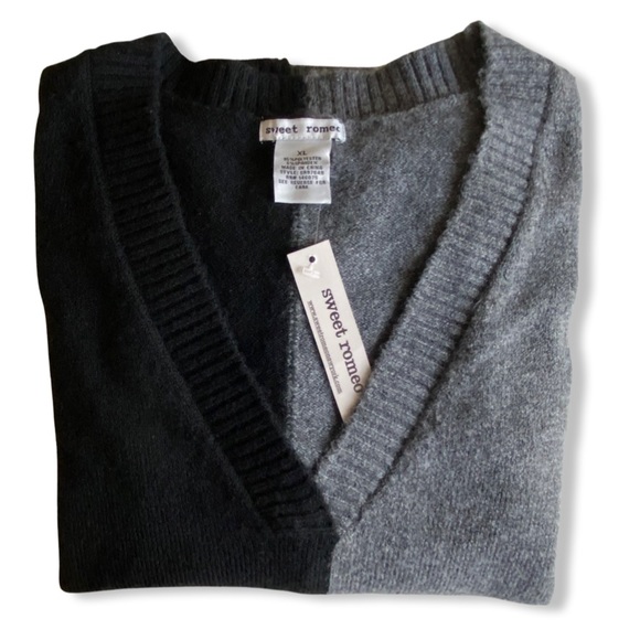 Color Block Sweater Black & Gray  V-neck, Modern Soft & Cozy by Sweet Romeo - Picture 6 of 10